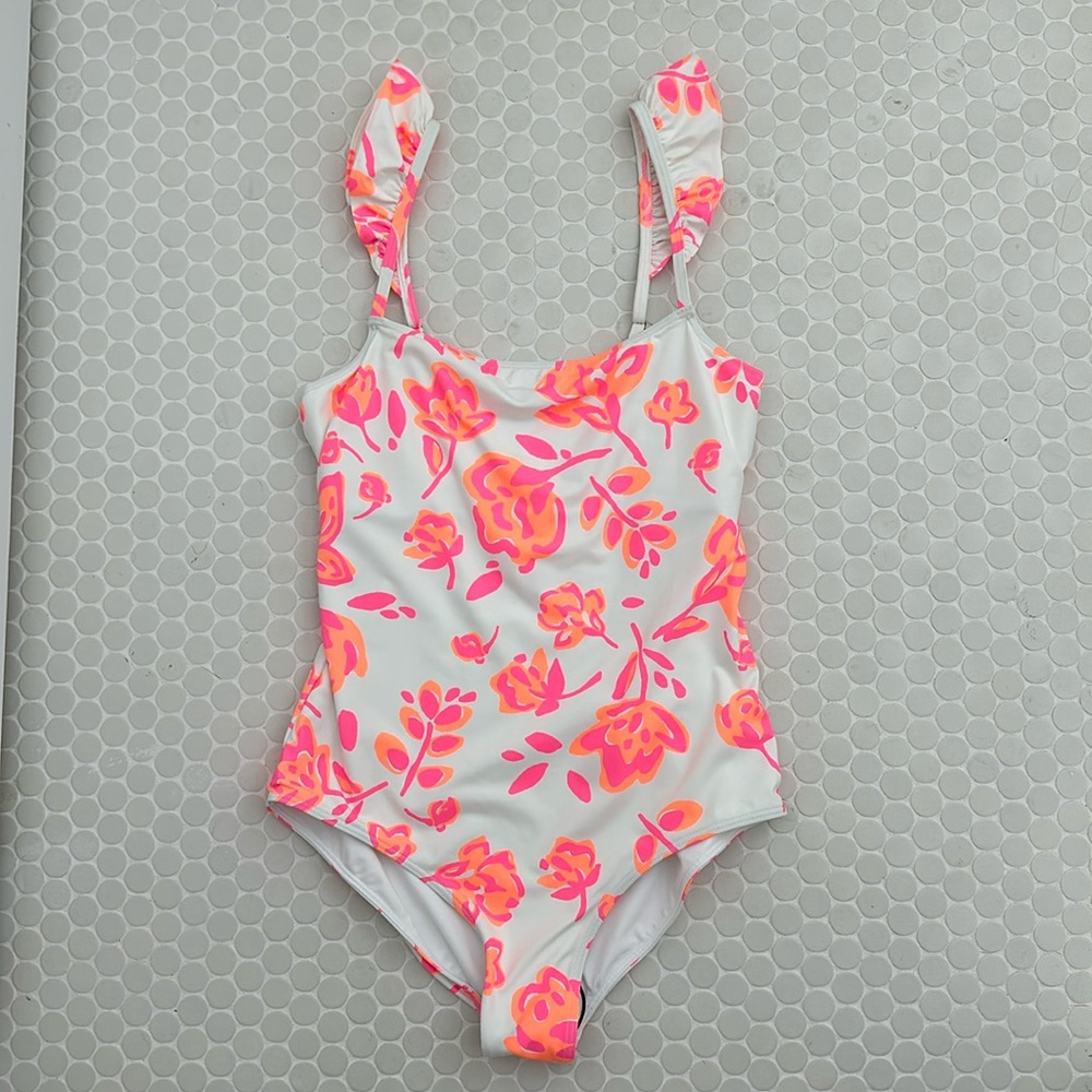 Vineyard Vines Ruffle Strap Pink & Orange Floral Print One Piece Bathing Suit